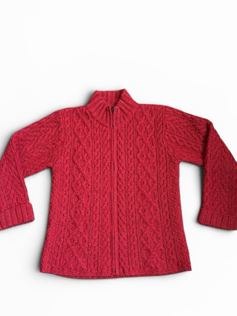 Inis Crafts Irish 100% Merino Wool Sweater Women’s S Red Cable-Knit Full Zip